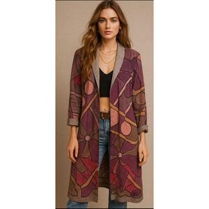 Vintage Juntos Hand Painted Wearable Art Coat Abstract Geometric Boho Revival